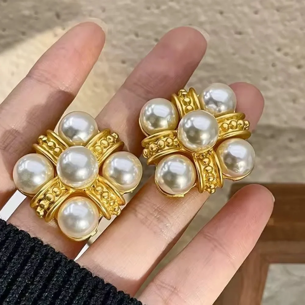 Vintage Elegant Pearl Gold Cluster Earrings